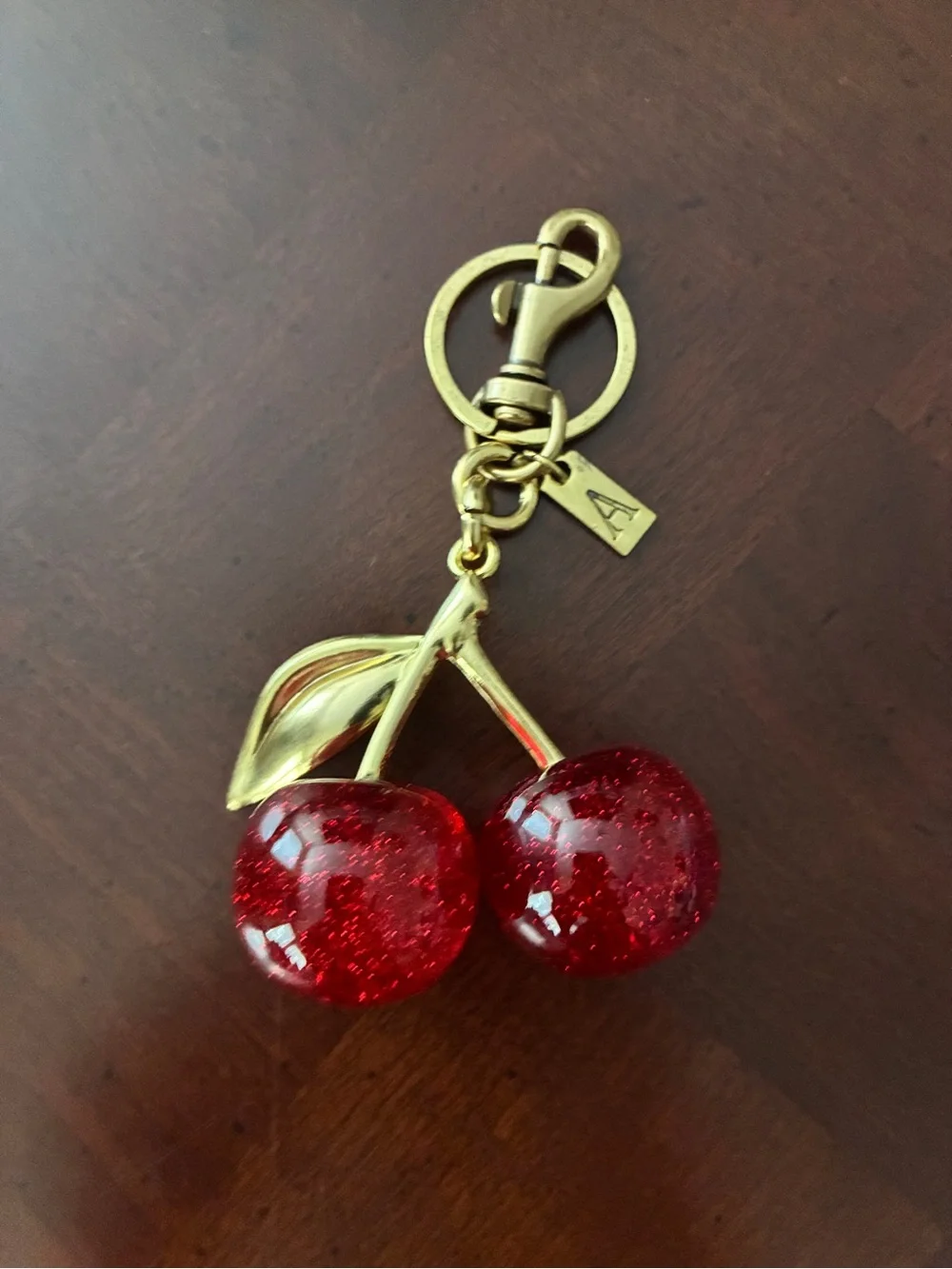 Cherry Keychain Hand Bag Purse Charm Red Glitter Cherries Gold Leaf NWOT NICE!